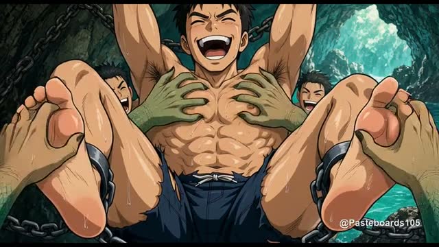 The Mermen's Grotto - Chained To The Sea Rock, Webbed Hands In His Bare Armpits And On His Soles (Anime Bara)